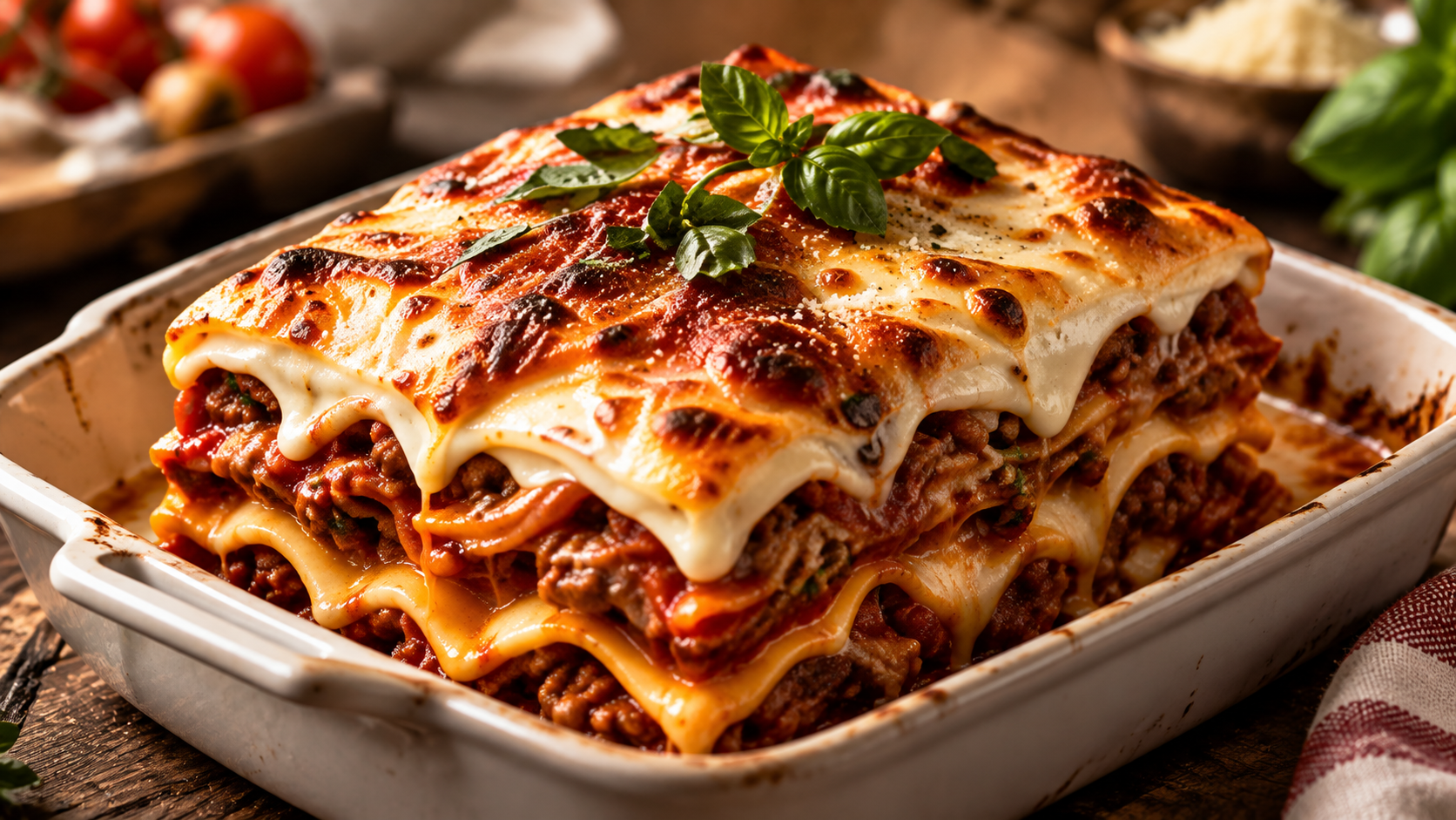 Goldbraun überbackene Lasagne auf einem Teller.