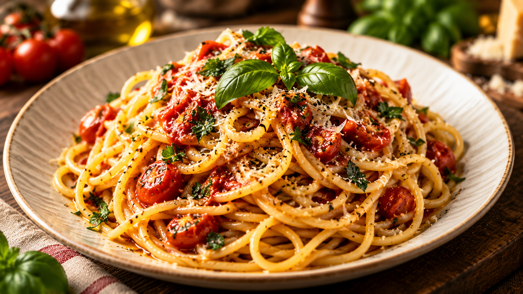 Spaghetti mit cremiger Sauce und geriebenem Käse.