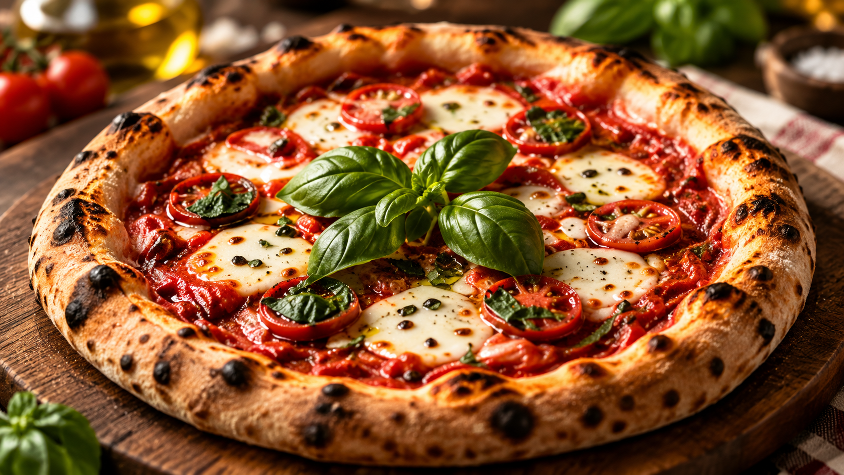 Pizza mit Tomatensauce, Mozzarella und Basilikum.