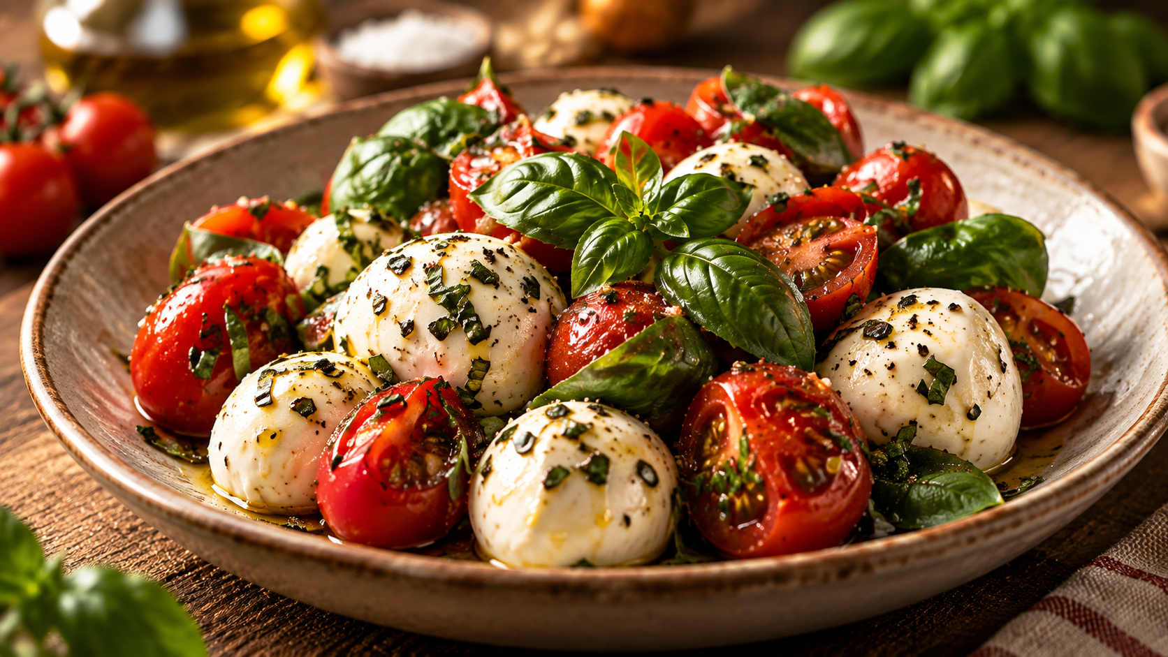 Salat mit Tomaten, Mozzarella und Basilikum.